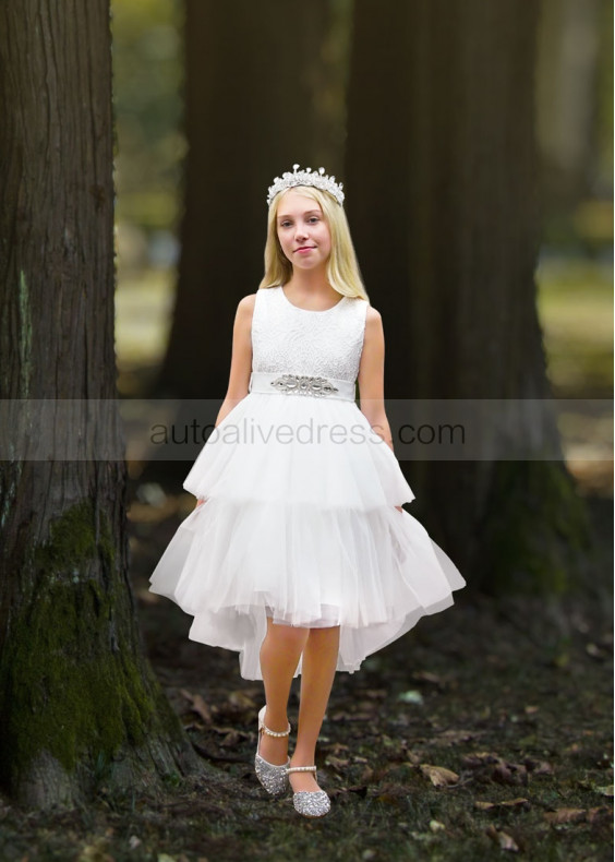 Lace Tulle High Low Flower Girl Dress With Beaded Sash Lace Tulle High Low Flower Girl Dress With Beaded Sash